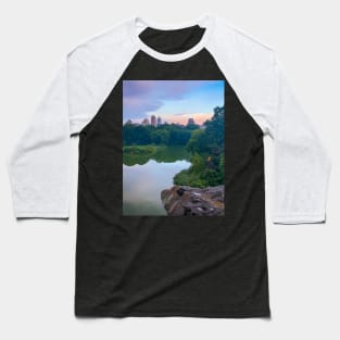 Central Park Nature Lake Trees Sunset Manhattan New York City Baseball T-Shirt
